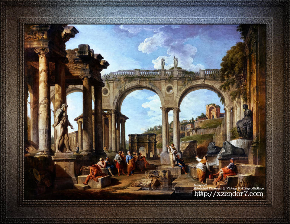 A Capriccio Of Roman Ruins and the Arch of Constantine by Giovanni Paolo Pannini