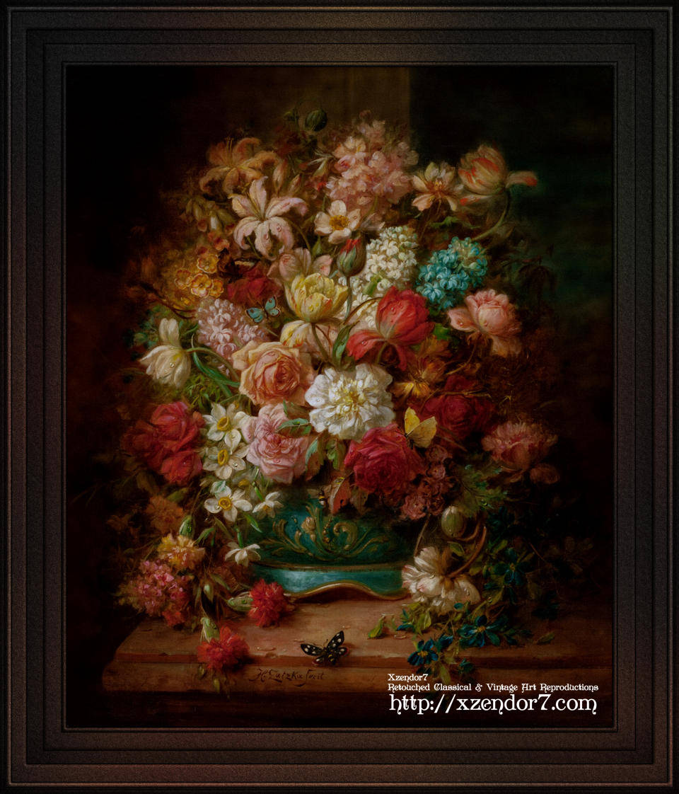 Bouquet Of Flowers With Butterflies by Hans Zatzka